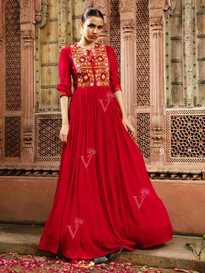 Red Georgette Embroidered Gown