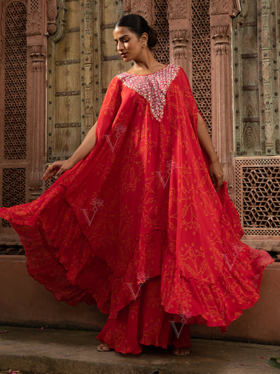 Red Embroidered Bandhani Tiered Cape and Skirt Set