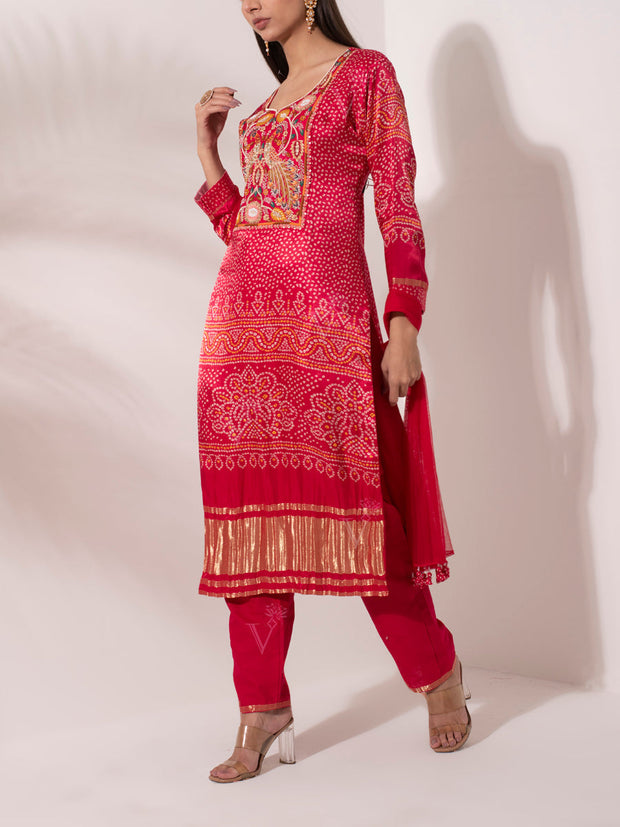 Red Pink Satin Kurta Set