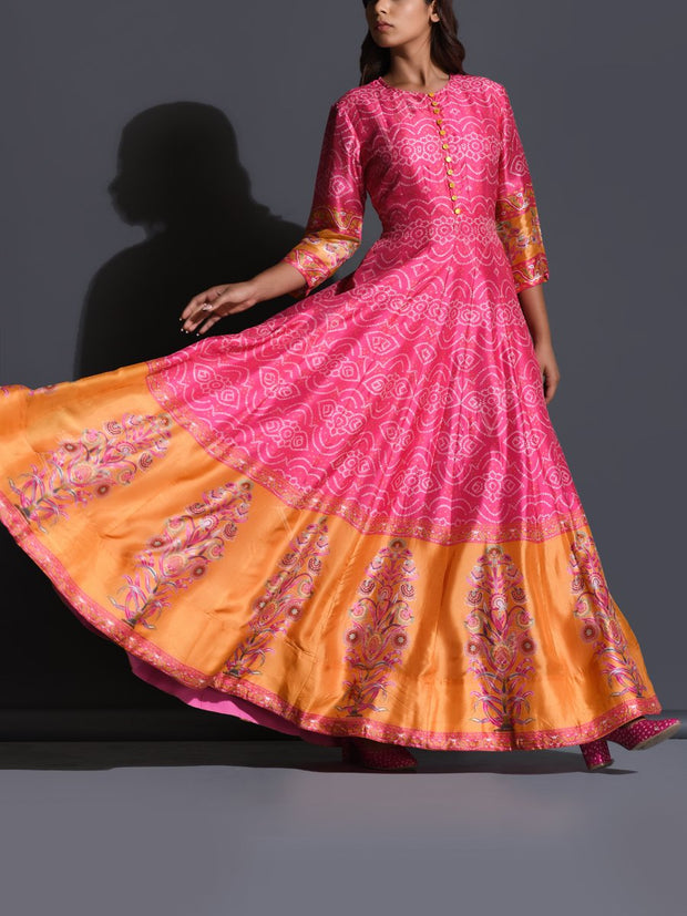 Pink Bandhani Bemberg Anarkali Gown