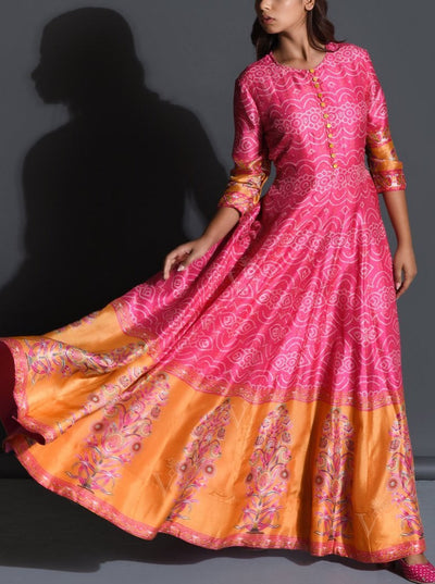 Pink Bandhani Bemberg Anarkali Gown