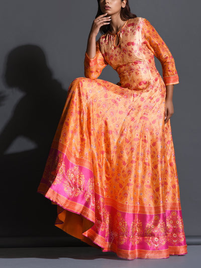 Tangerine Ombre Silk Printed Anarkali Gown