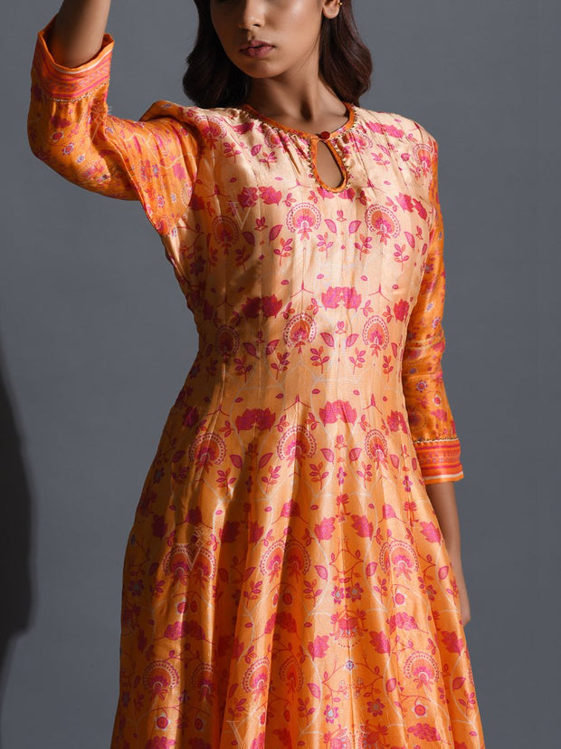 Tangerine Ombre Silk Printed Anarkali Gown