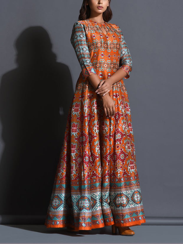 Orange Patola Anarkali Gown