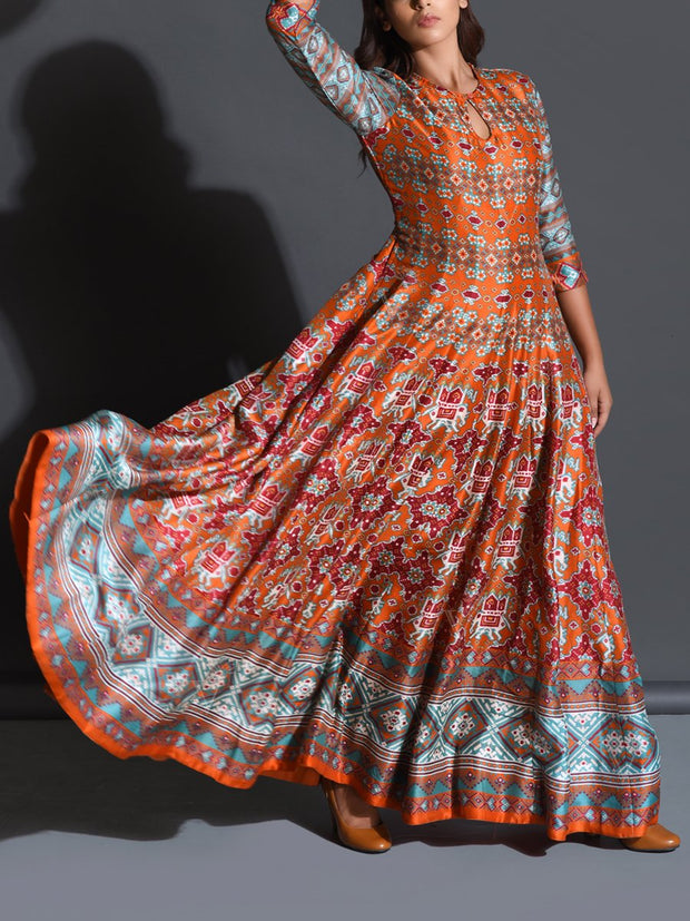 Orange Patola Anarkali Gown