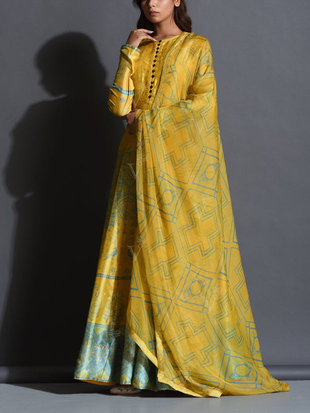 Yellow Silk Printed Anarkali Gown