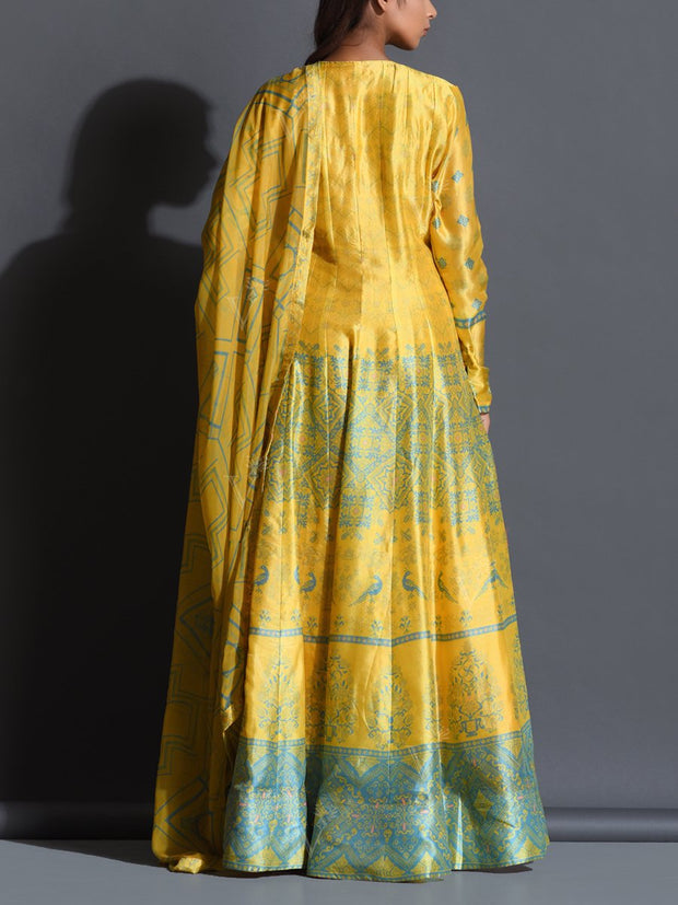 Yellow Silk Printed Anarkali Gown