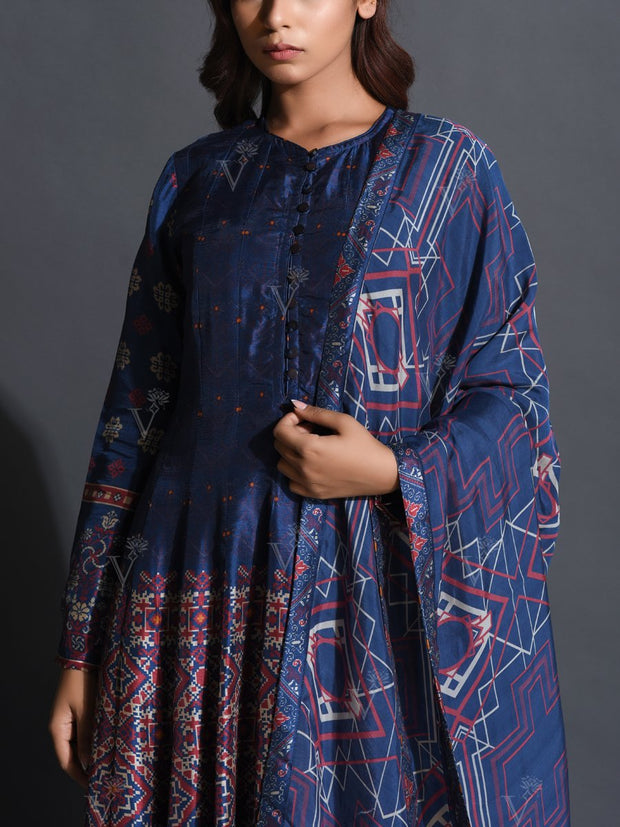 Mid Night Blue Silk Printed Anarkali Gown