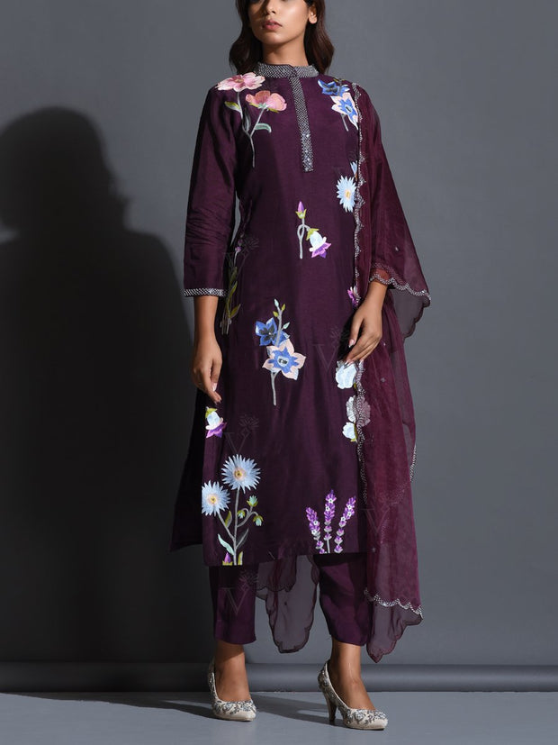 Wine Silk Embroiderd Suit Set