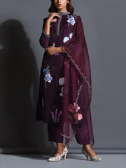 Wine Silk Embroiderd Suit Set