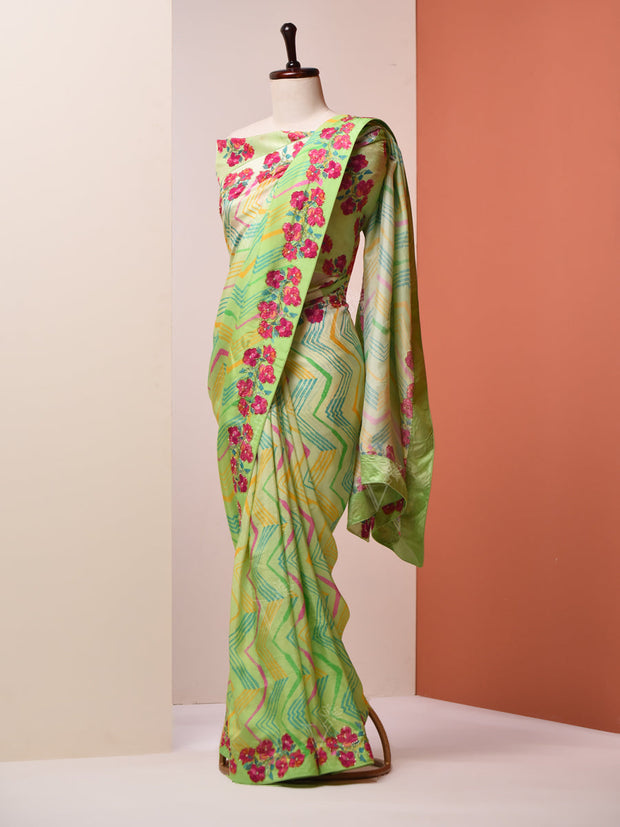 Mint Green Floral Vasansi Silk Saree