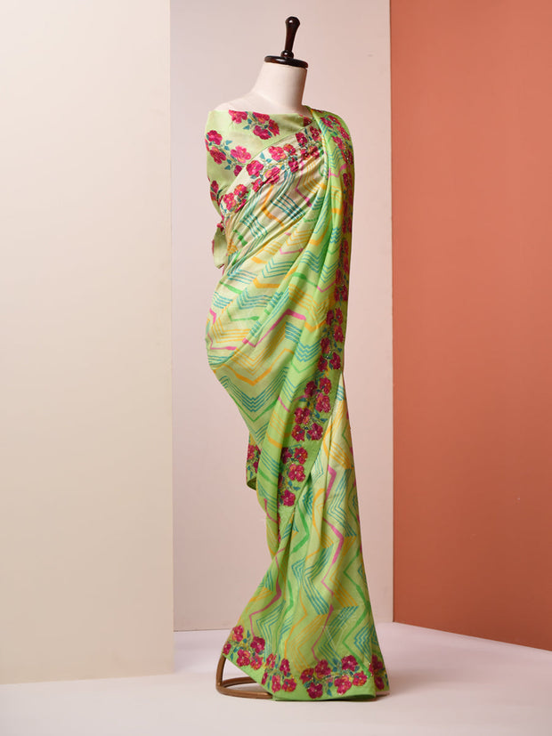 Mint Green Floral Vasansi Silk Saree