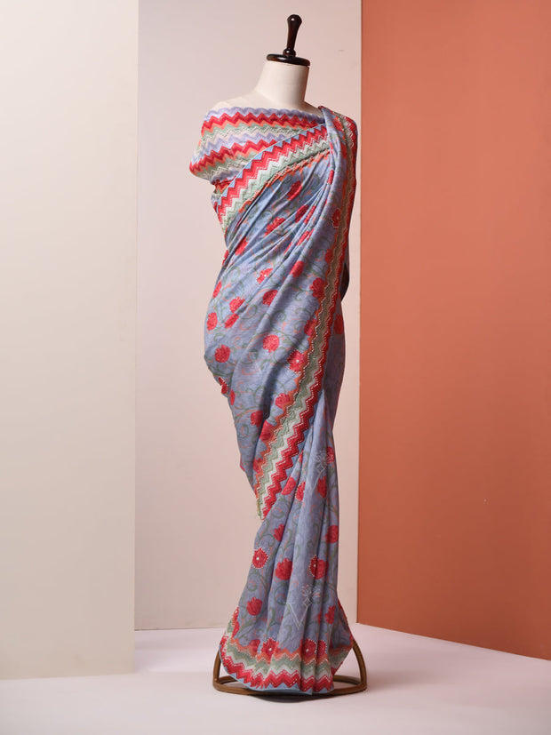 Cyan Blue Floral Vasansi Silk Saree