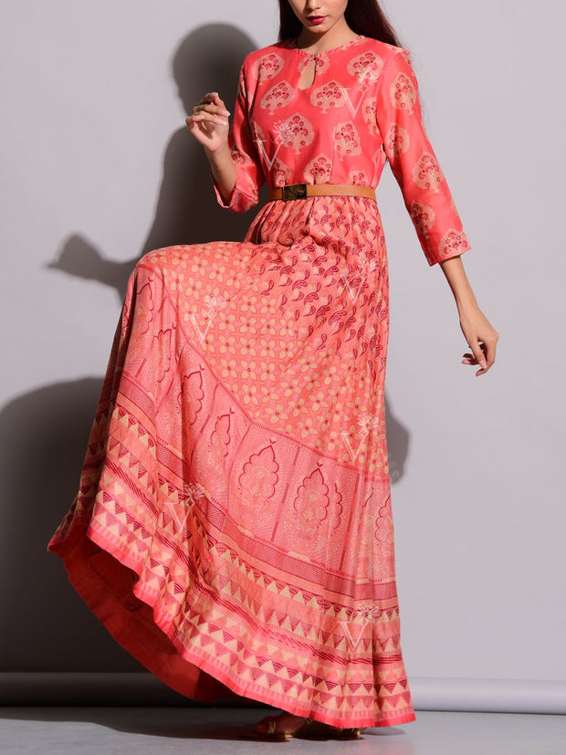 Peach Handcrafted Anarkali Silk Tunic