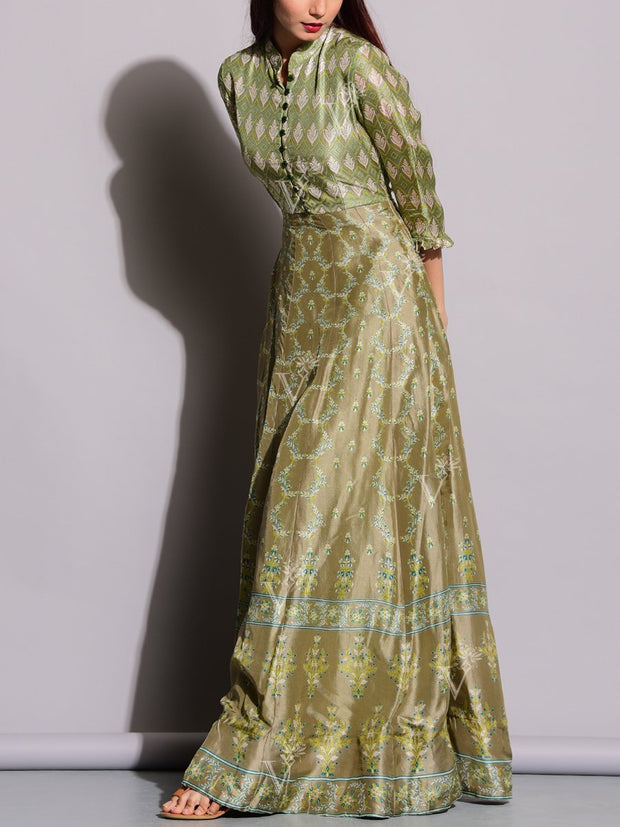 Olive Green Handcrafted Silk Anarkali Tunic