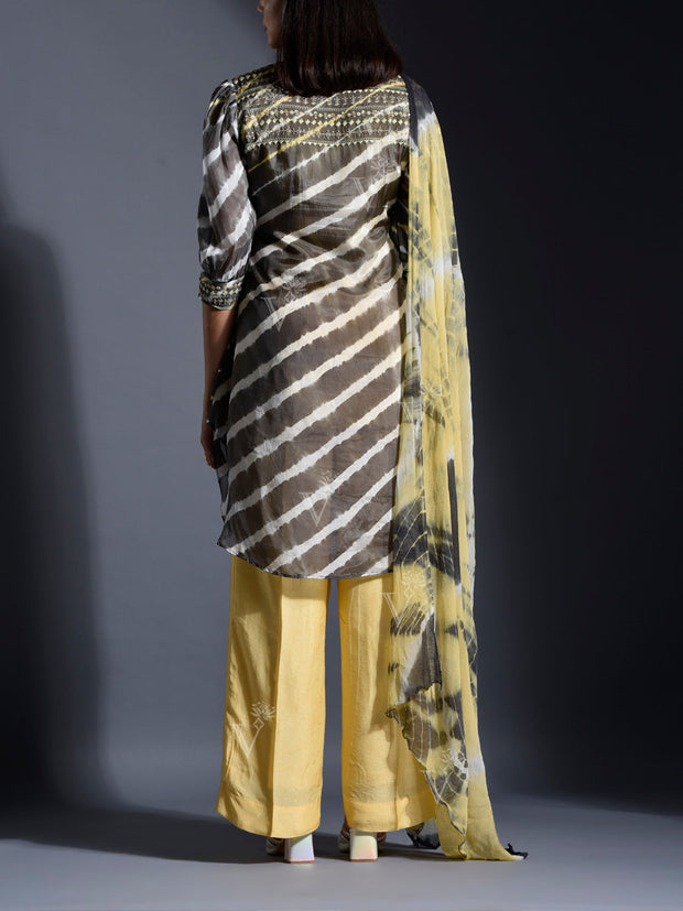 Grey and Yellow Vasansi Silk Leheriya Suit set