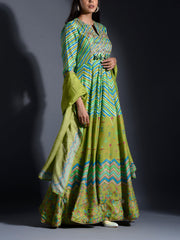 Green Vasansi Silk Leheriya Anarkali gown