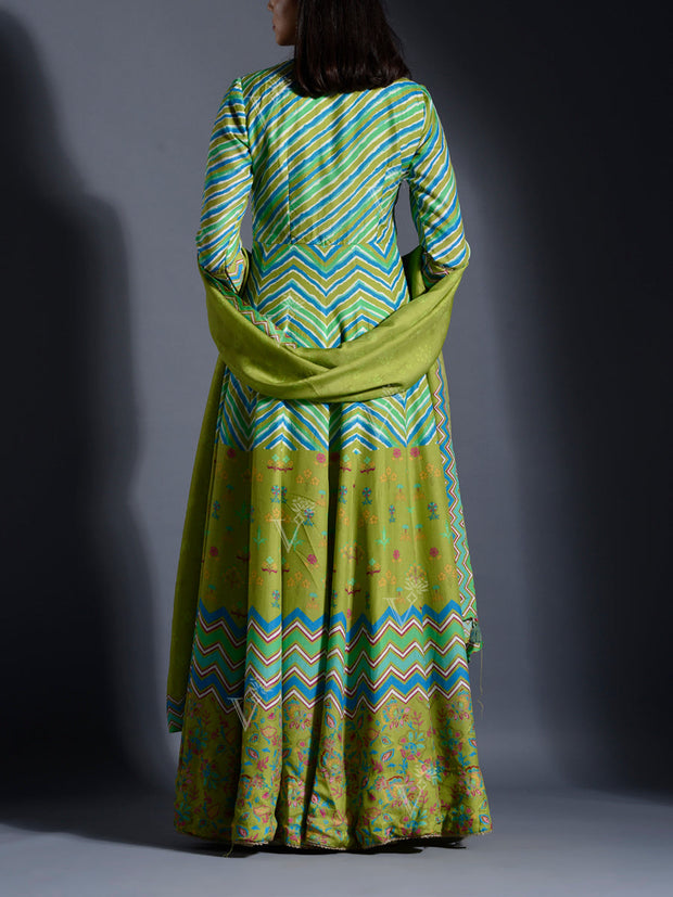 Green Vasansi Silk Leheriya Anarkali gown