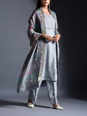 Grey Silk Suit Set with Leheriya Dupatta