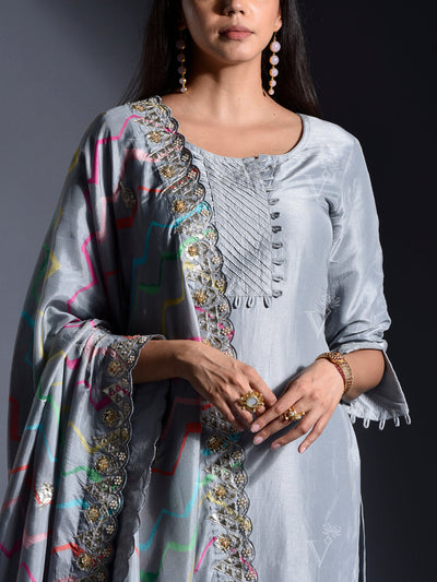 Grey Silk Suit Set with Leheriya Dupatta