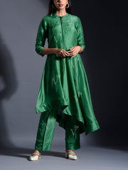 Green Silk Suit Set with Bandhani Dupatta