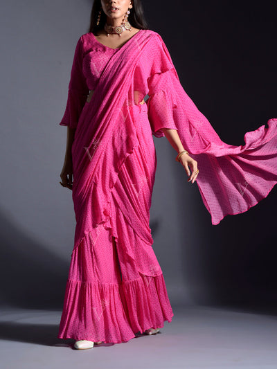 Pink Chiffon Mothda Ruffled Drape Saree