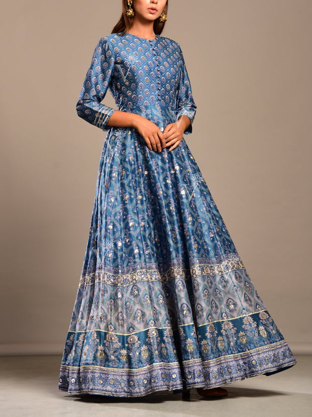 Indigo Blue Handcrafted Silk  Anarkali Gown