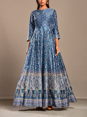 Indigo Blue Handcrafted Silk  Anarkali Gown