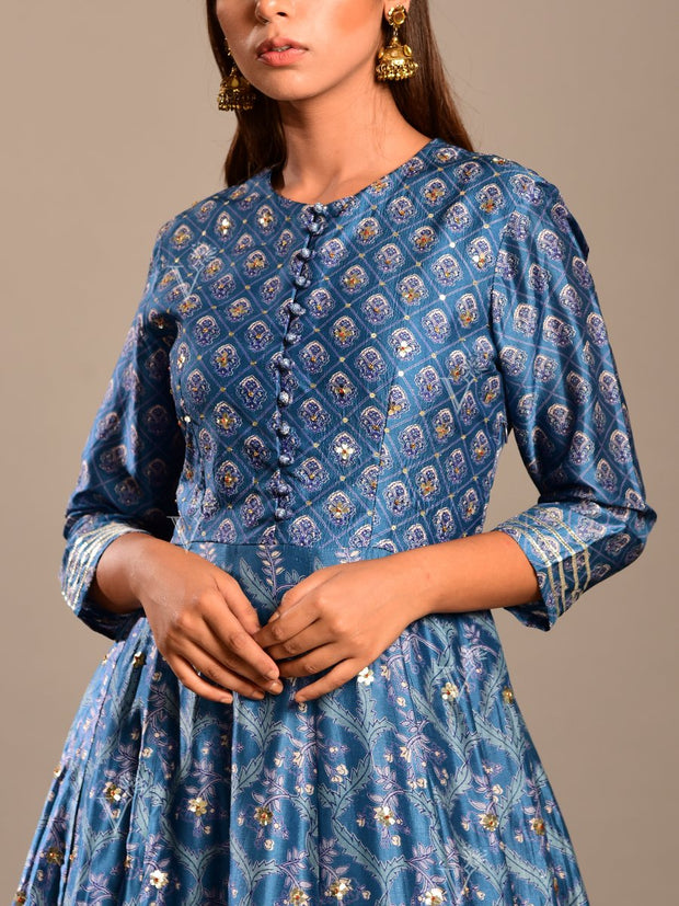 Indigo Blue Handcrafted Silk  Anarkali Gown