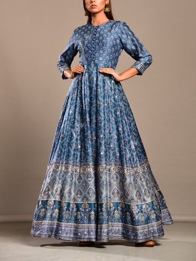 Indigo Blue Handcrafted Silk  Anarkali Gown