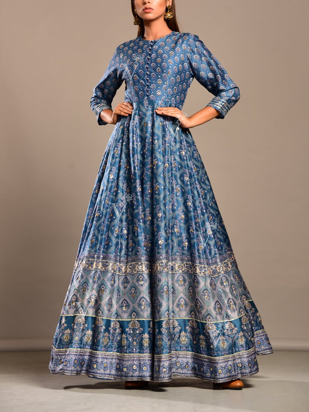 Indigo Blue Handcrafted Silk  Anarkali Gown