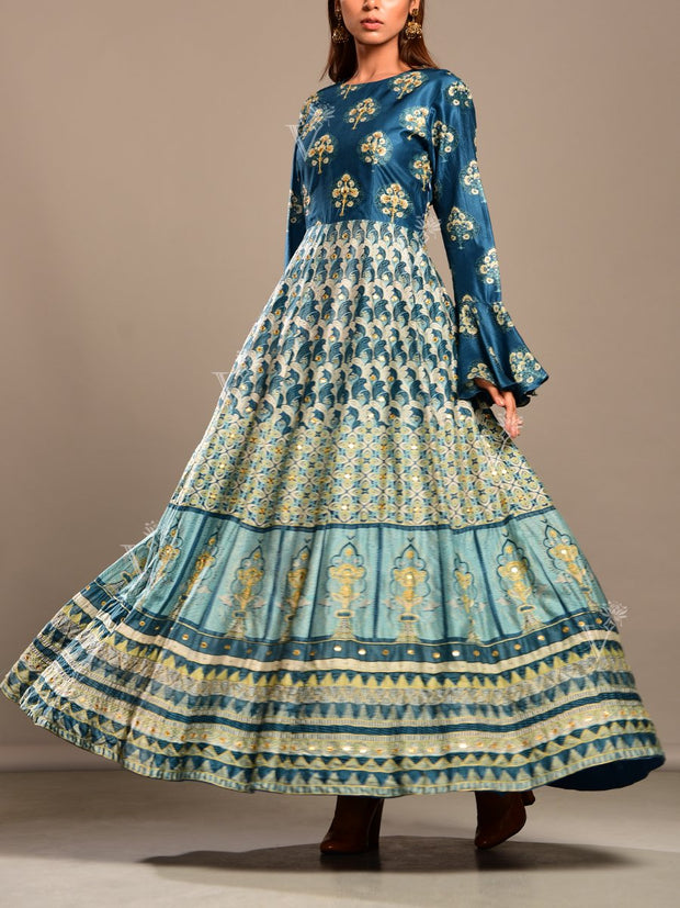 Peacock Blue Silk Anarkali Gown