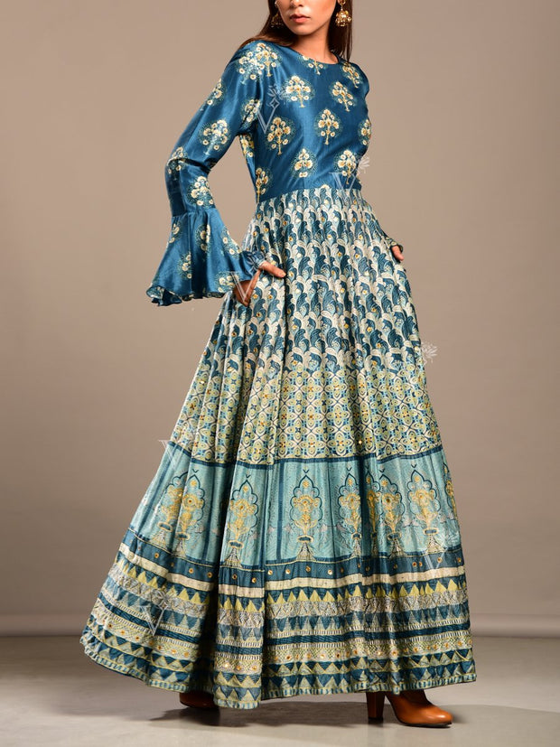 Peacock Blue Silk Anarkali Gown