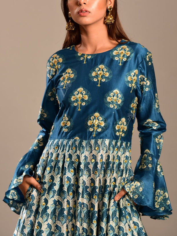 Peacock Blue Silk Anarkali Gown