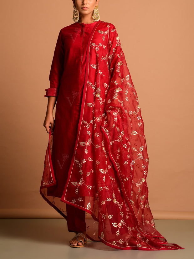 Deep Red Organza Embroidery Dupatta