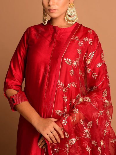 Deep Red Organza Embroidery Dupatta