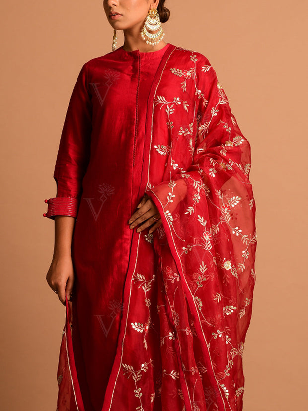 Deep Red Organza Embroidery Dupatta