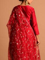 Deep Red Organza Embroidery Dupatta