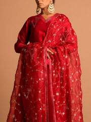 Deep Red Organza Embroidery Dupatta