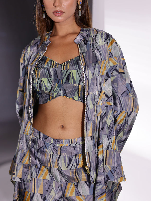 Grey Vasansi Silk Printed Bustier with Jacket and Pant Set