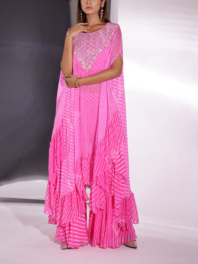 Pink Leheriya Georgette Cape and Sharara Set