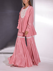 Coral Pink Crepe Peplum and Sharara Set