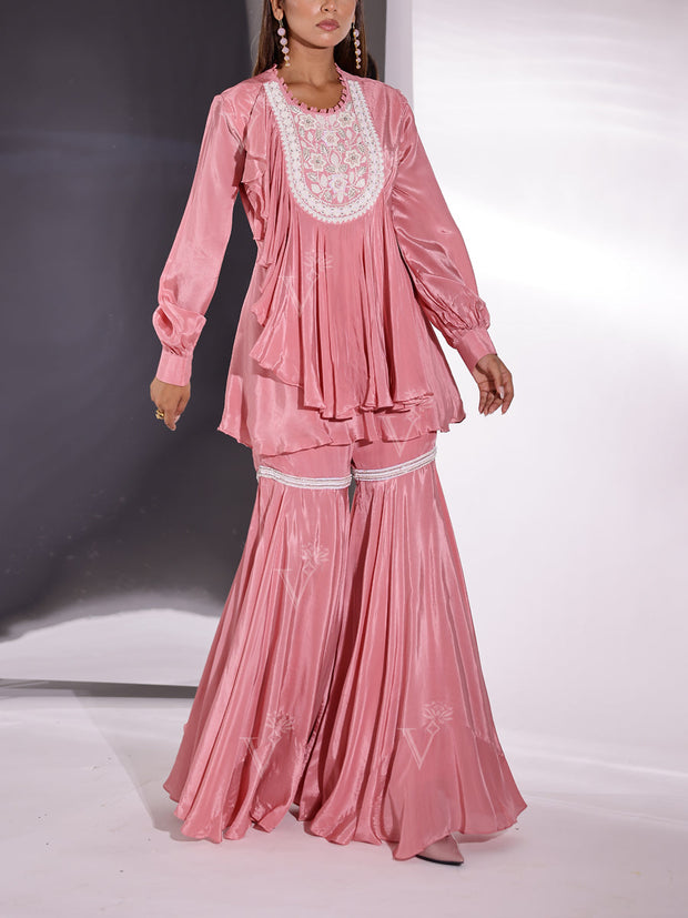 Coral Pink Crepe Peplum and Sharara Set