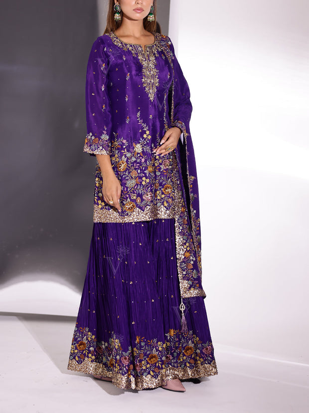 Violet Crepe Embroidered Kurta and Sharara Set