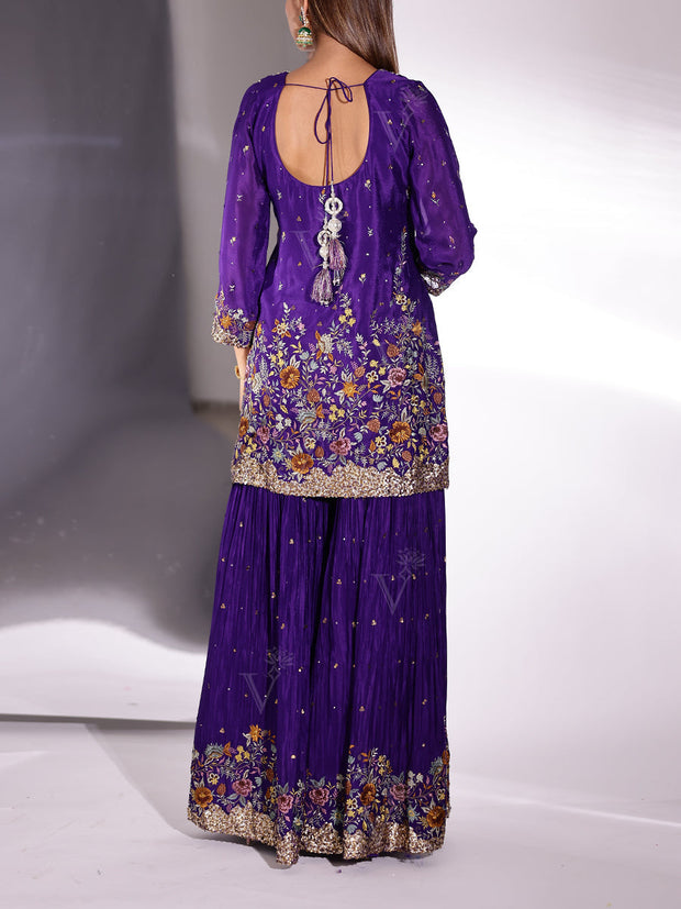 Violet Crepe Embroidered Kurta and Sharara Set