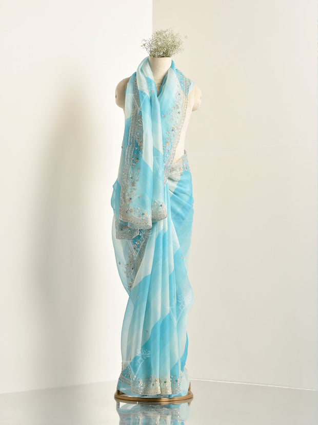 Blue Organza Leheriya Saree