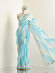 Blue Organza Leheriya Saree