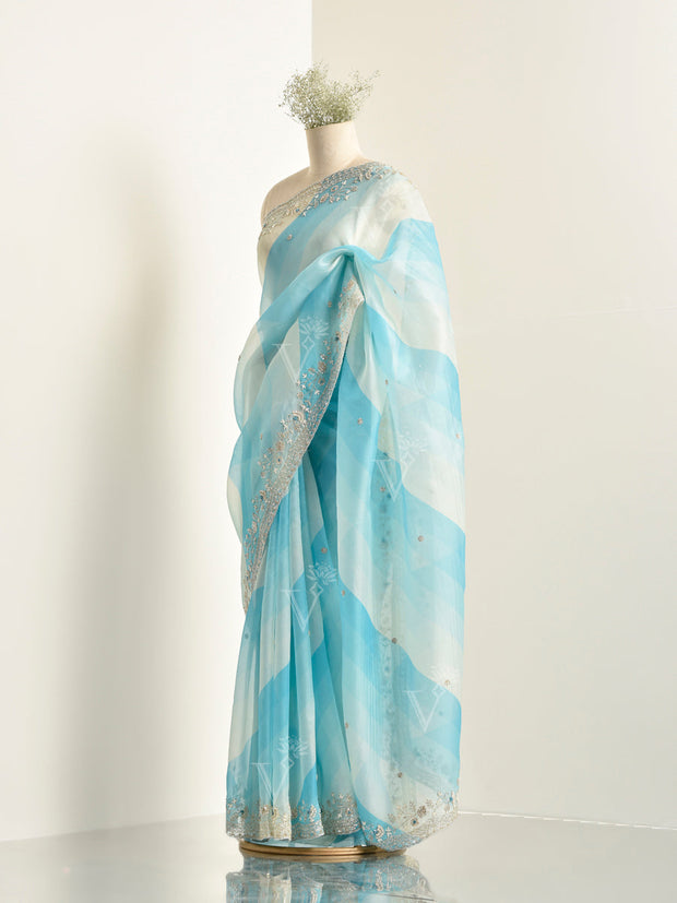 Blue Organza Leheriya Saree