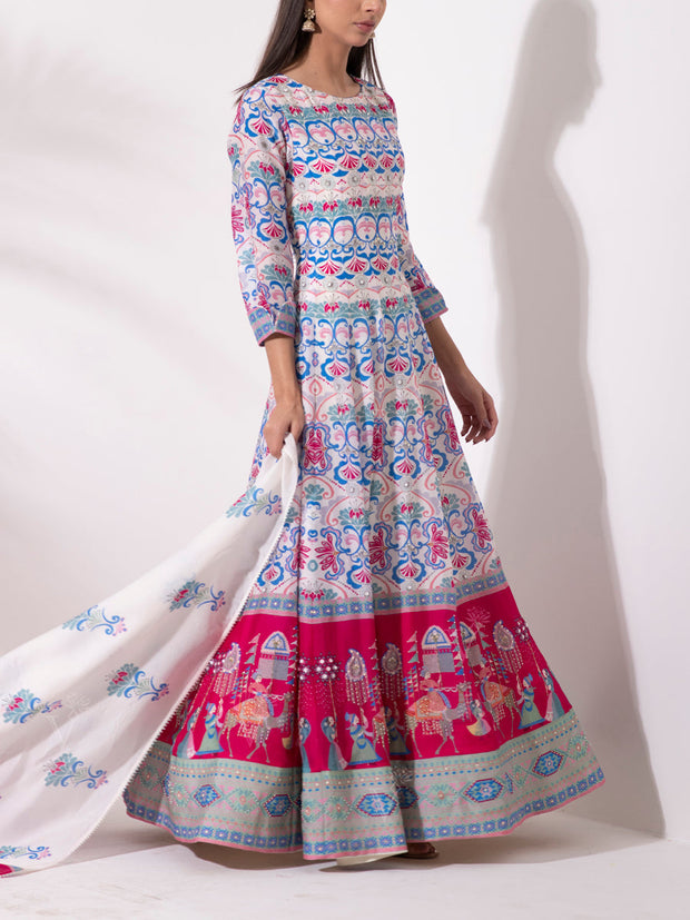 Off White Vasansi Silk Printed Anarkali Gown