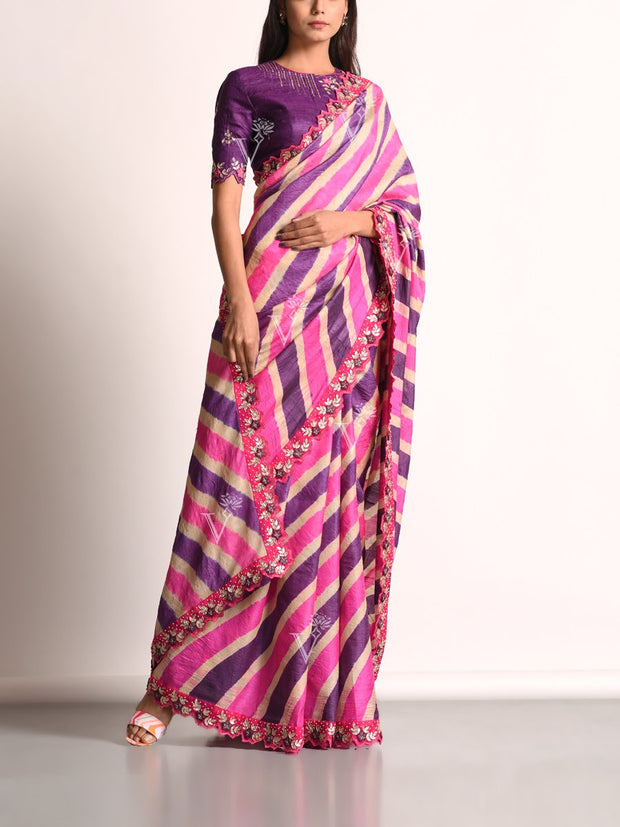 Purple And Pink Embellished Leheriya Tussar Silk Saree